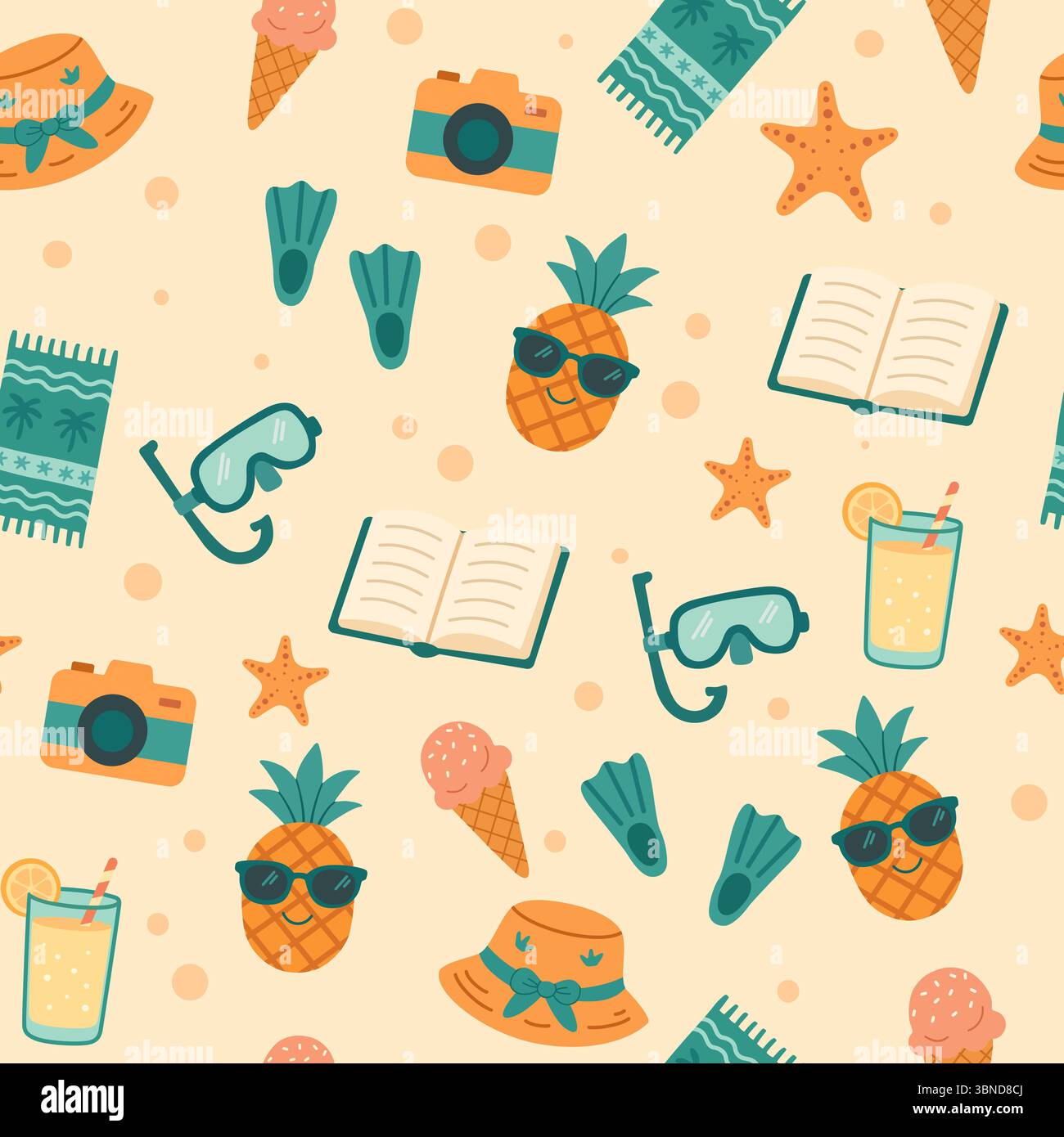 Seamless Summer Vacation Pattern with Cute Icons Stock Vector