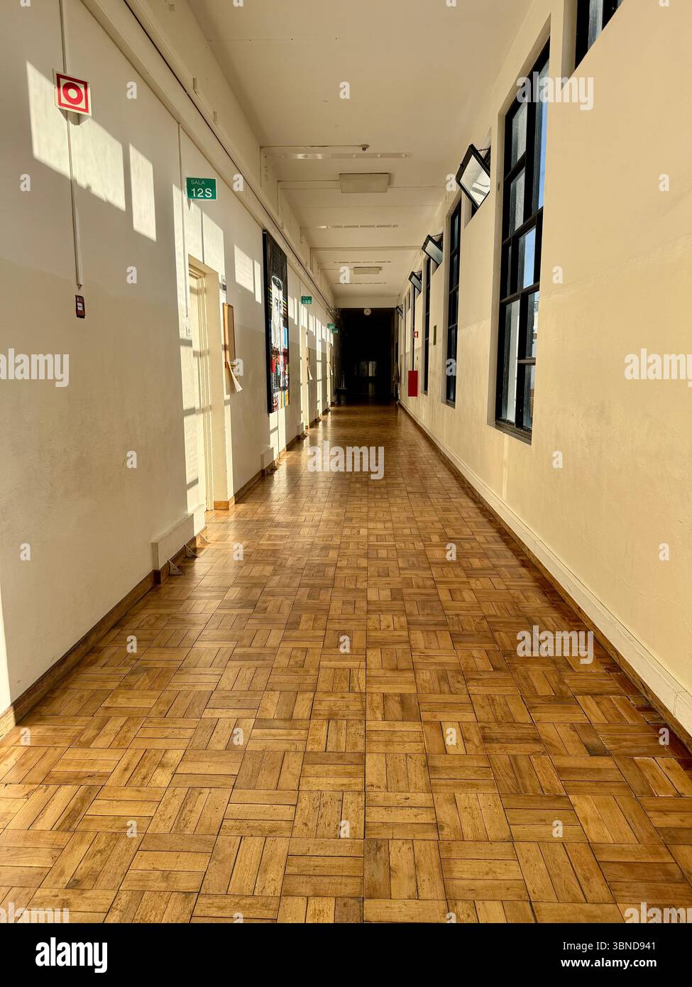 Empty school corridor with wooden parquet flooring and windows at Escola Secundária Antero de Quental, Azores, Portugal. - Smartphone Captured Stock Image