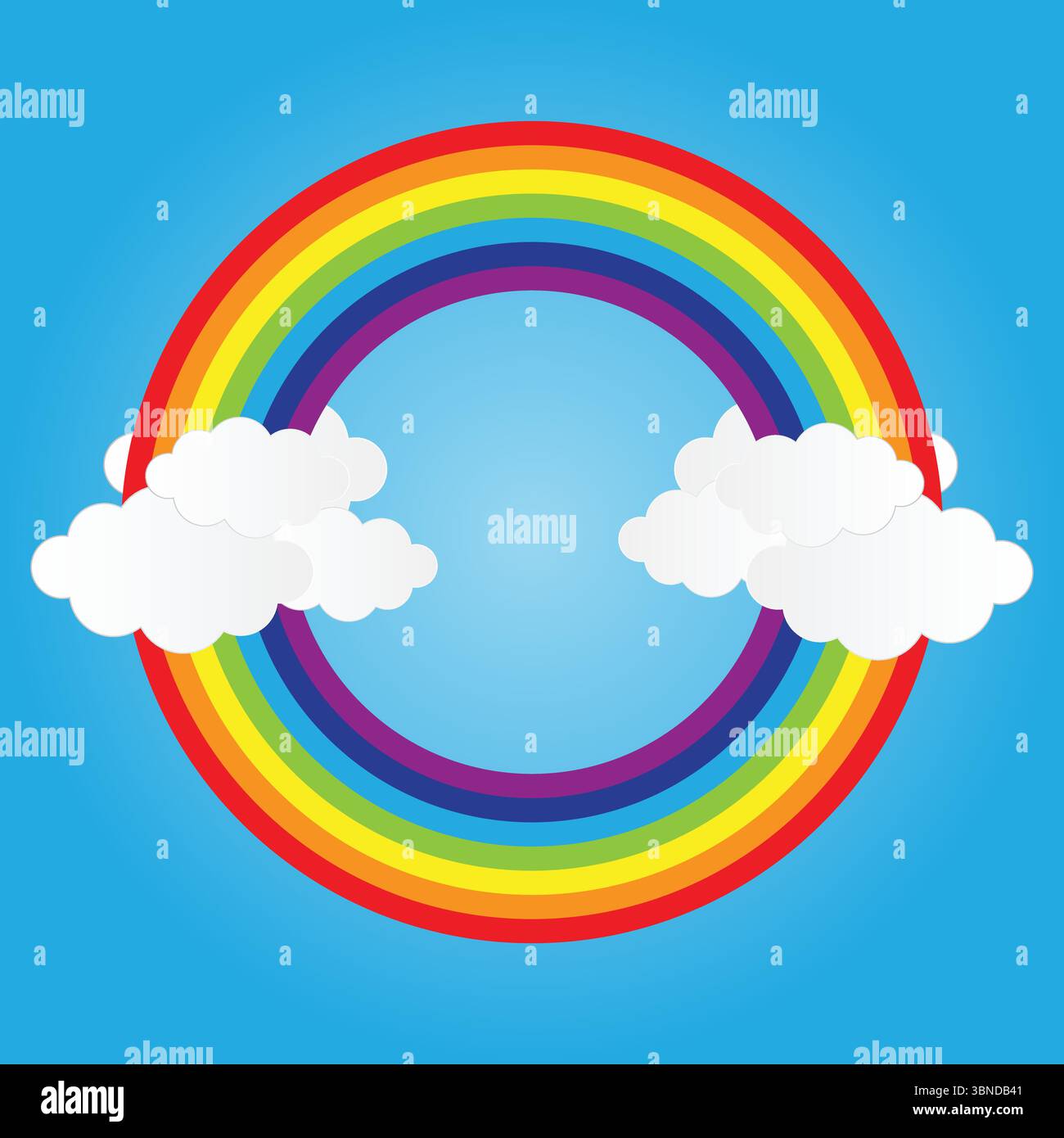 circle rainbow on blue sky with clouds,vector illustration. Stock Vector