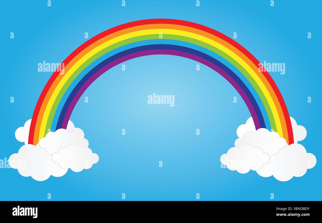 rainbow on blue sky with clouds,vector illustration. Stock Vector