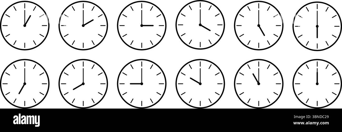 horizontal set of analog clock icon notifying each hour isolated on white,vector illustration. Stock Vector
