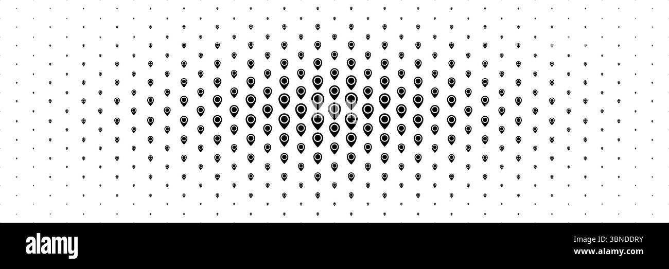 horizontal black halftone of map and location pointer spread from center for pattern and background. Stock Vector