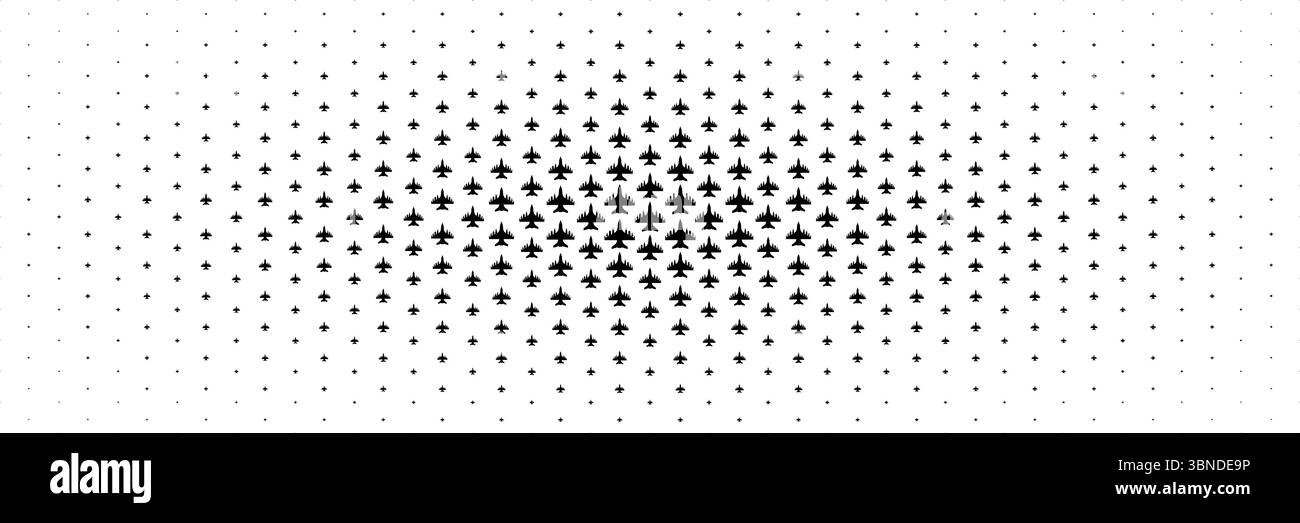 horizontal halftone of black fighter plane with bomb and missile spread from center on white. Stock Vector