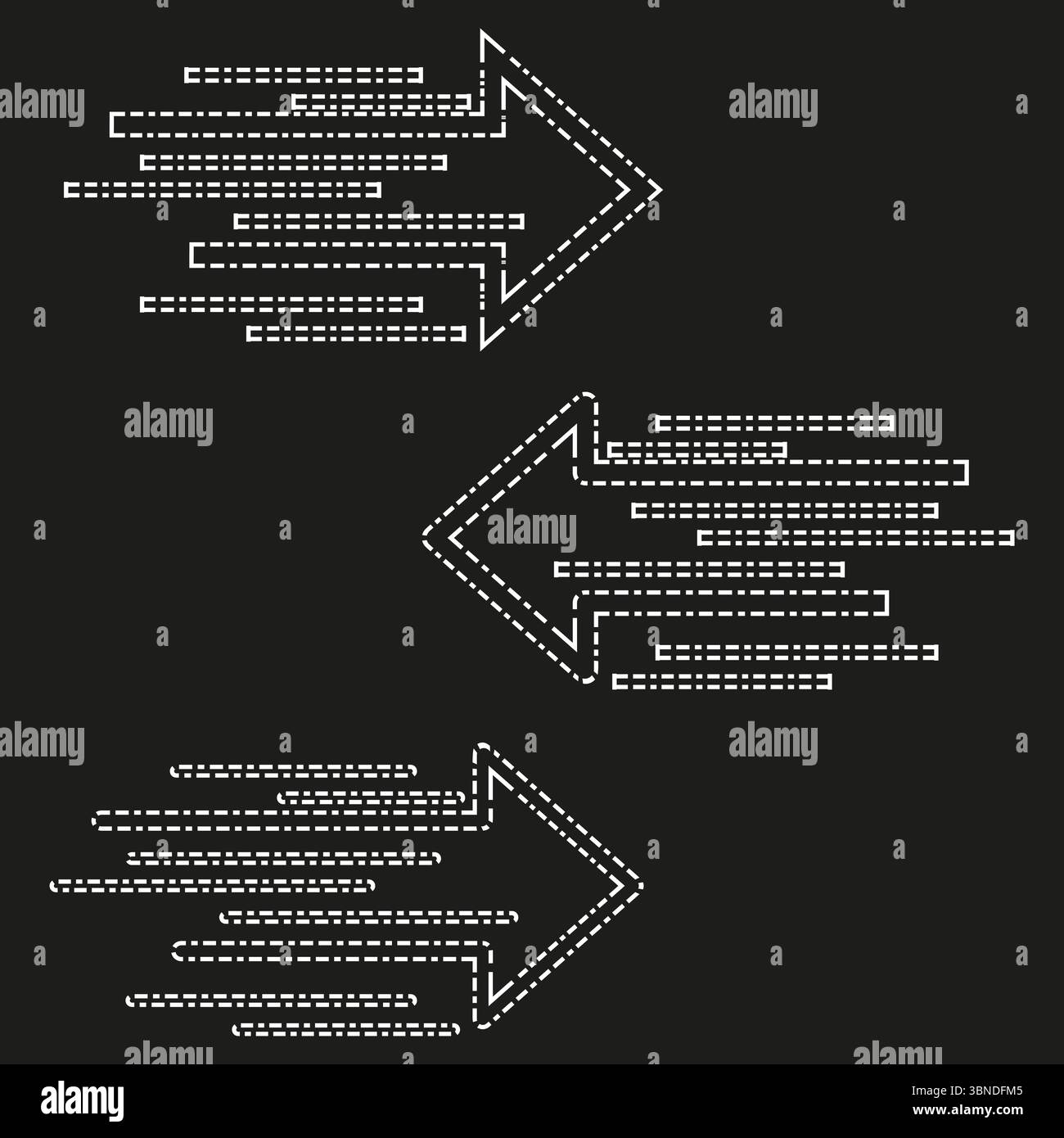 Dashed arrow icons. Layered code motif. Bold motion Vector. Dark tech ...