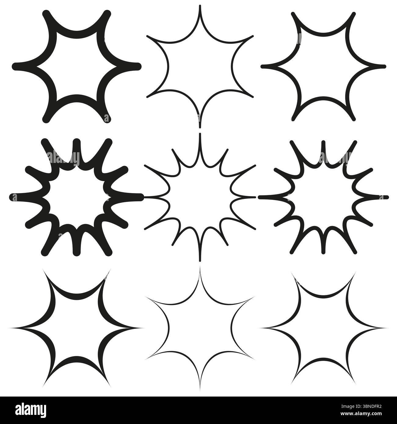 Decorative symmetrical starbursts. Simple monochrome palette. Pristine white background. Outlined vector illustration. Stock Vector