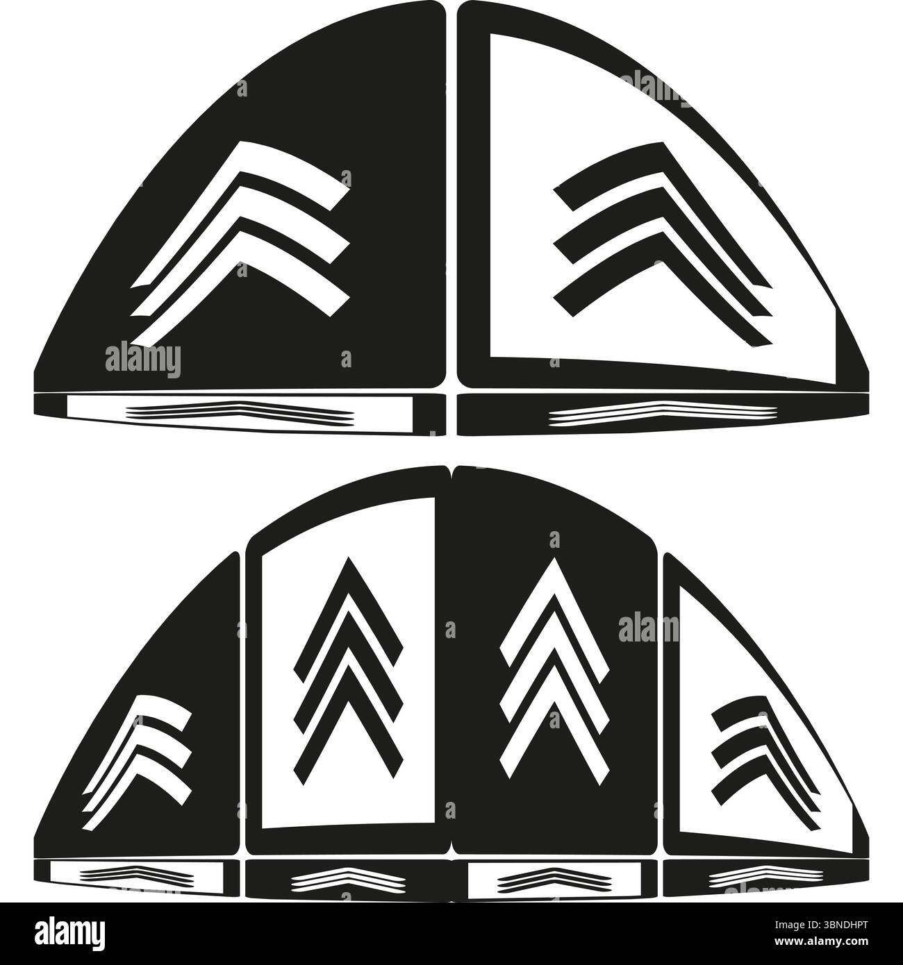 Chevron arrow quadrants. Semicircle pointer icon. Directional segment Vector. Bold graphic design. Stock Vector