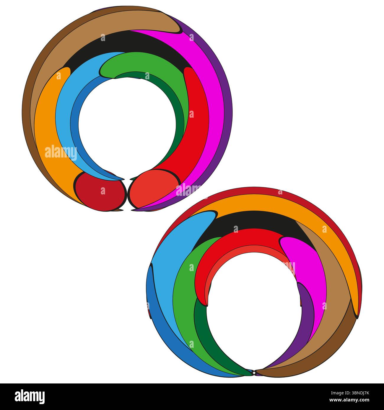 Vibrant ribboned rings. Interconnecting multicoloured loops. Expressive swirling Vector. Dynamic abstract composition Stock Vector
