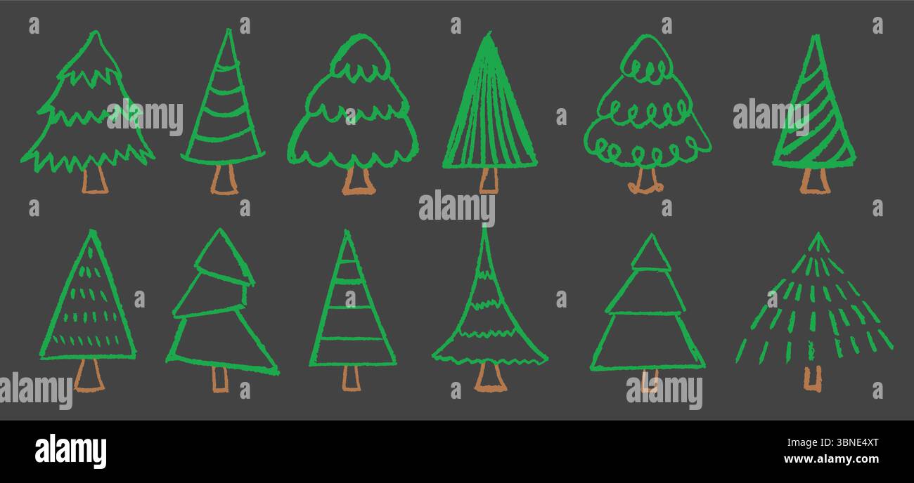 Christmas tree set drawn by children. Simple vector doodle collage ...
