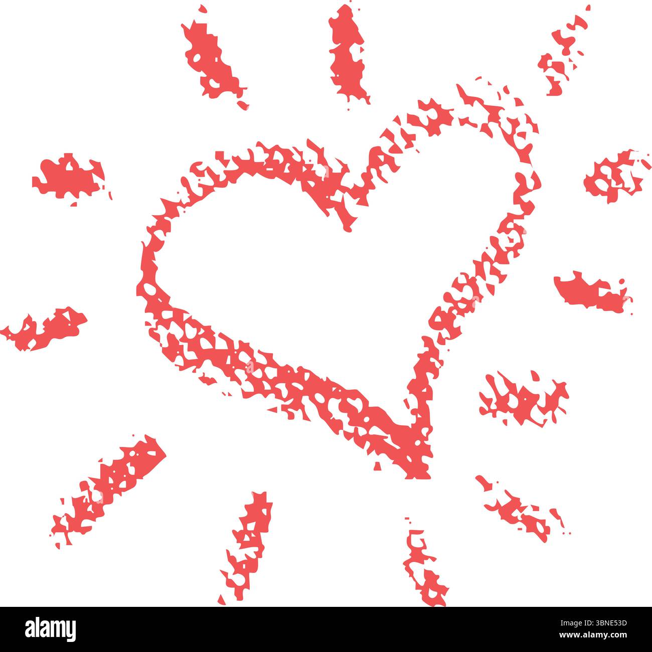 Red heart like sun scratch drawing in wax crayon texture. Imperfect ...