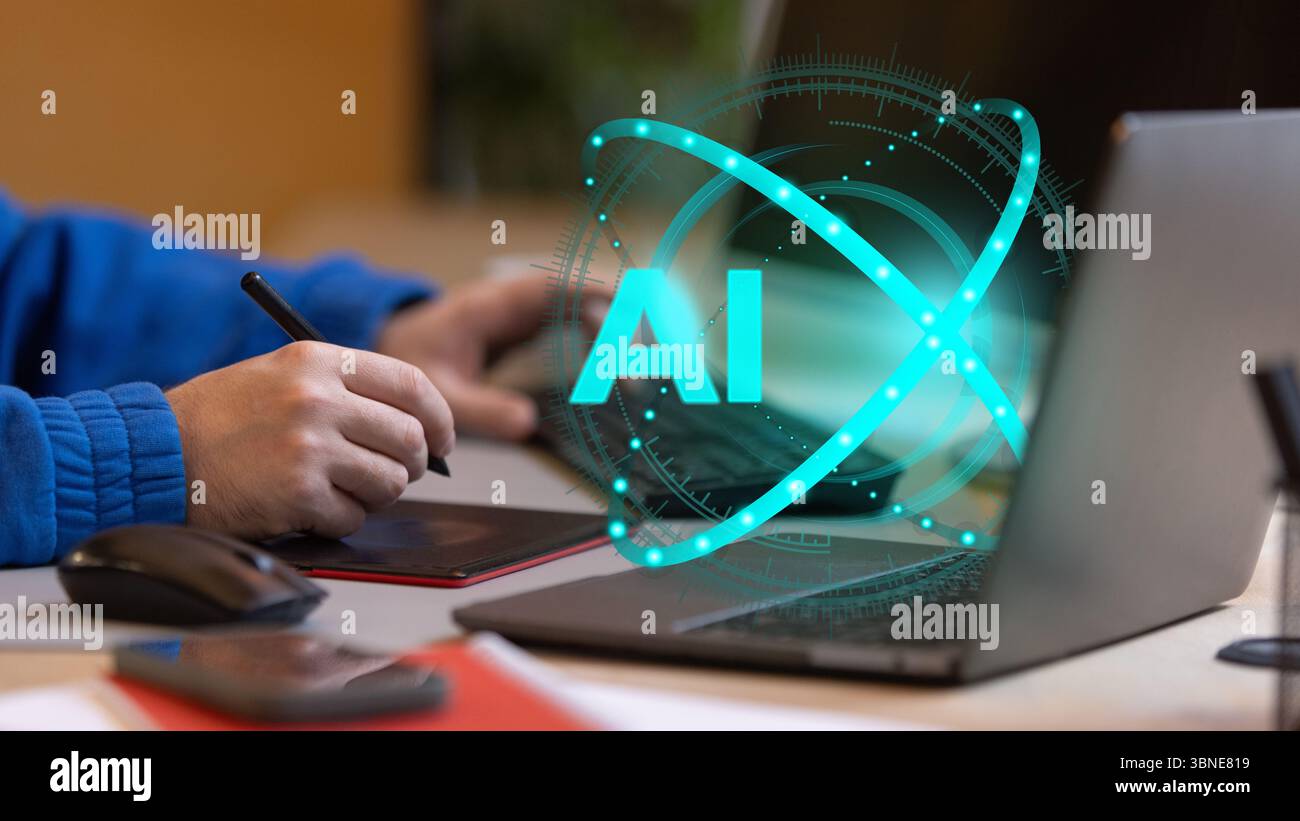 User with stylus pen working on AI interface next to laptop. Modern analytics environments Stock Photo