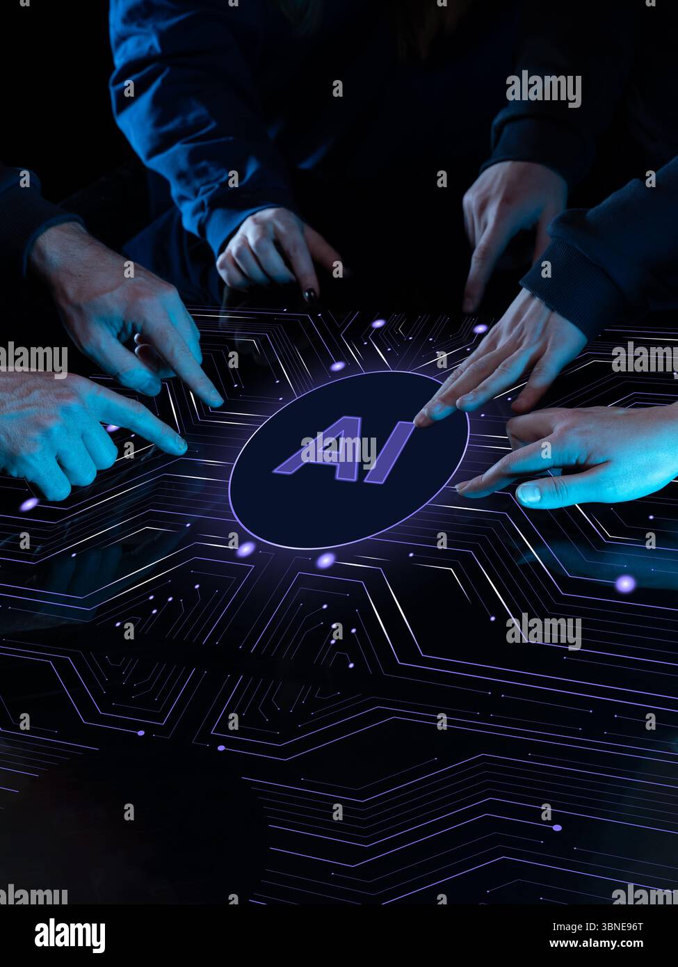 Collaborative team interaction with AI-based circuit board interface in digital environment Stock Photo