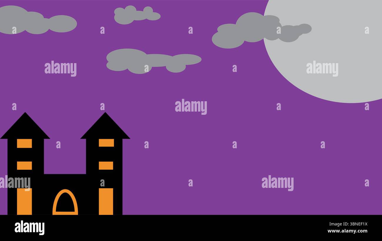 Black haunted house with yellow windows on purple sky background with gray clouds and large white moon for Halloween design Stock Vector