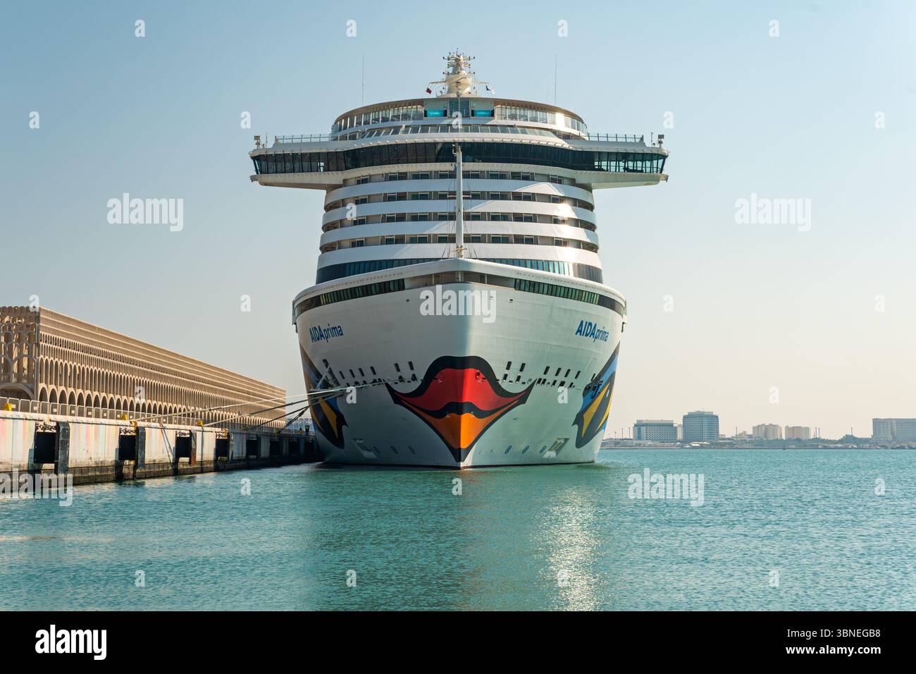 Doha, Qatar - February 3, 2025: A modern cruise ship berthed at the