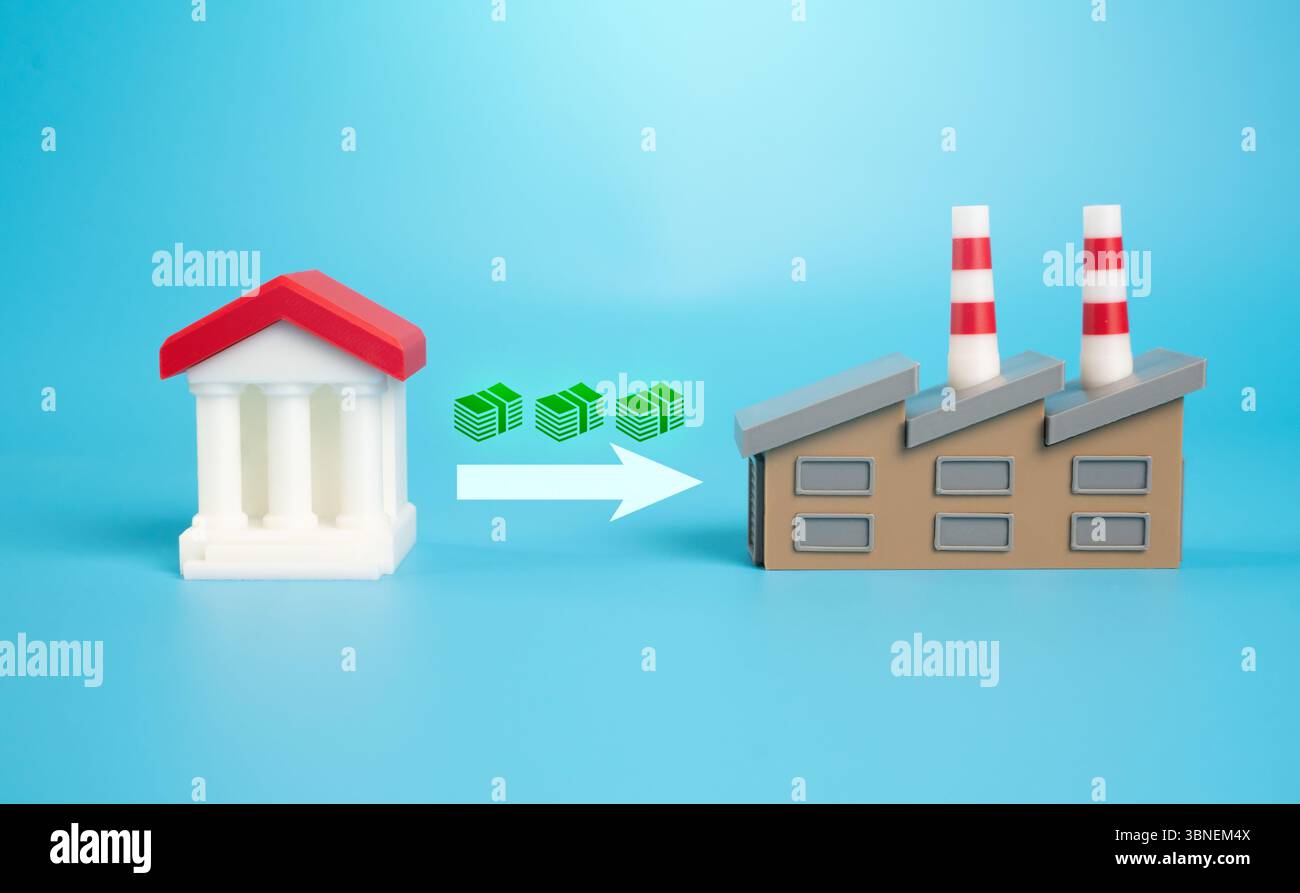 The bank provides credit funds for the plant. Investments and development. Working capital, short-term loans. Debt restructuring. Debt servicing, econ Stock Photo