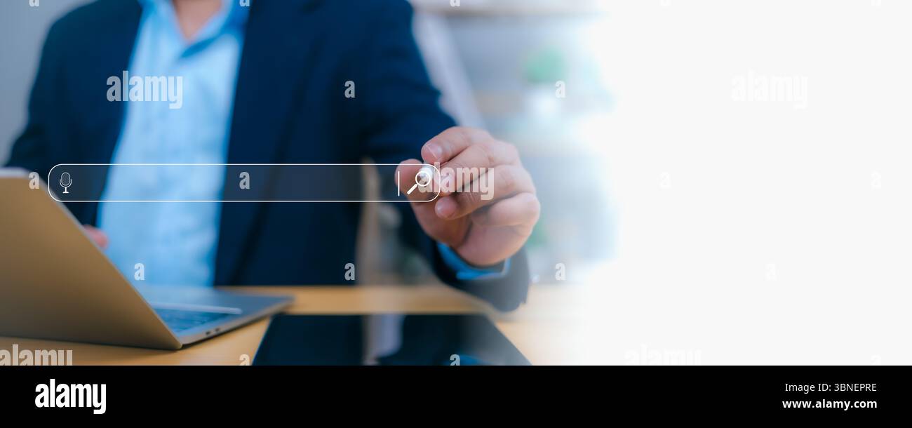 Person interacts with a futuristic search bar, symbolizing online search, digital marketing, and web browse. Concepts of information discovery, SEO, d Stock Photo