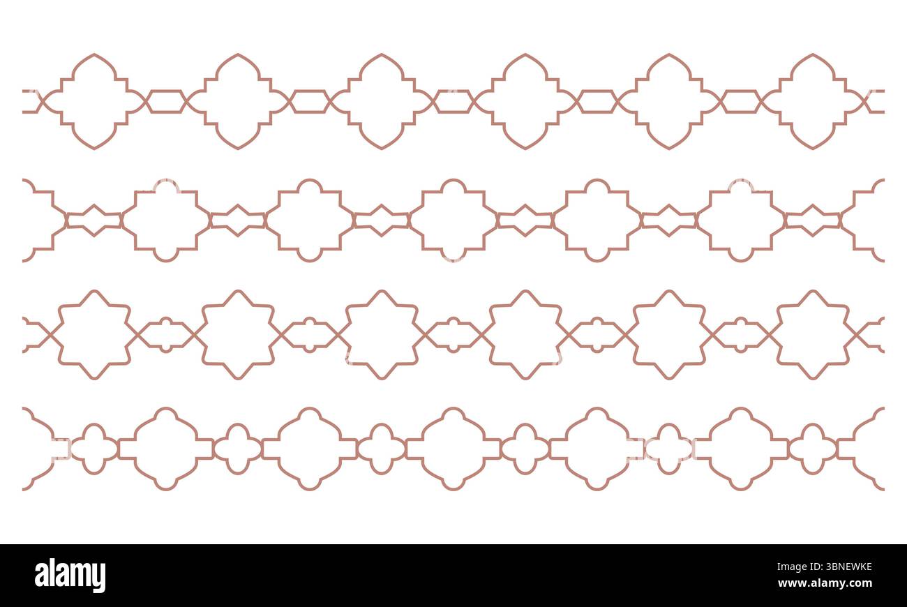 Oriental ceramic tile line arabic grid borders. Simple geometric outline boho seamless patterns with geometric decorative elements. Stock Vector