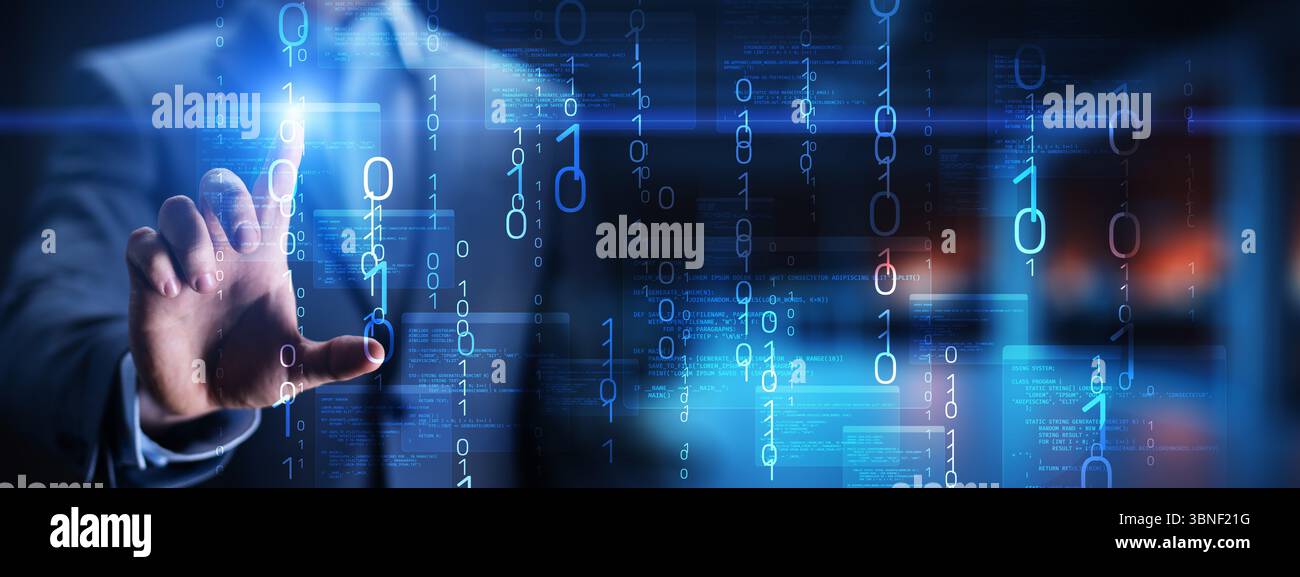 Binary Code and Software Programming Visualization with Interactive Digital Interface. Stock Photo