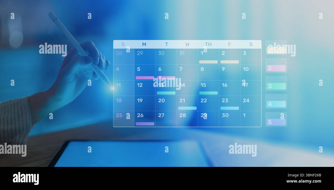 Project Management and Schedule Planning Displayed on a Digital Calendar Interface. Stock Photo