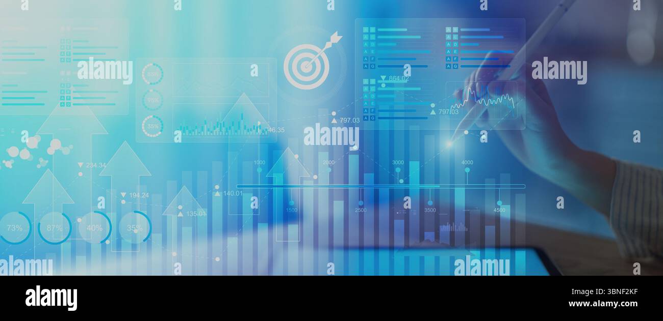 Business Data Analytics and KPI Performance Tracking Dashboard on Digital Tablet Interface. Stock Photo