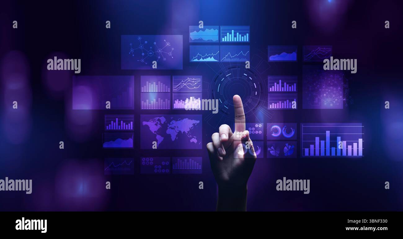 Virtual screen business intelligence dashboard, analytics and big data technology concept. Stock Photo