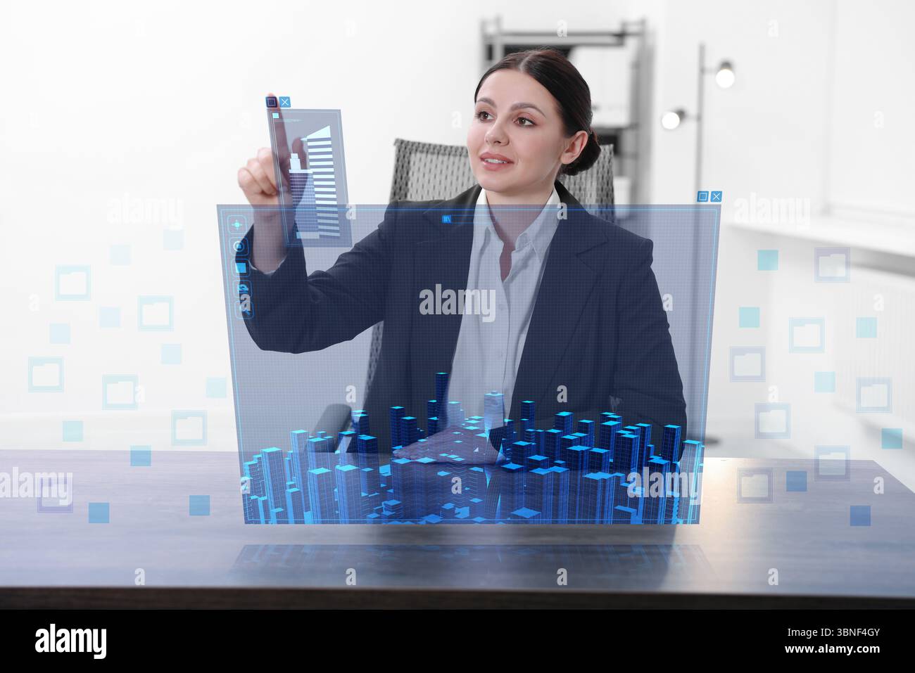 Building information modelling. Woman using virtual screen in office Stock Photo
