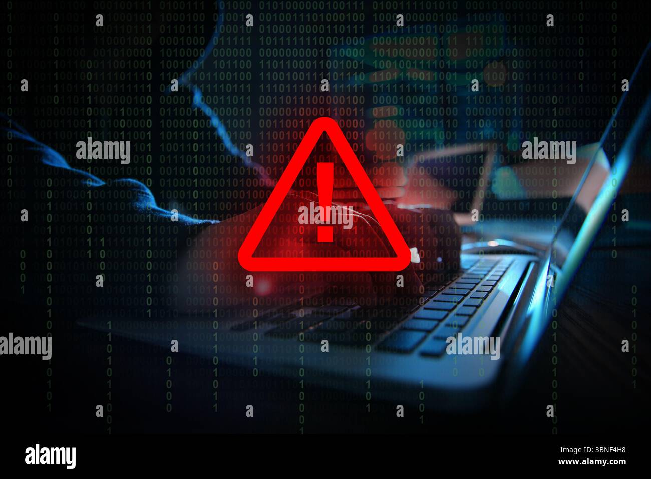Cyber attack alert notification. Red warning sign, binary code and ...