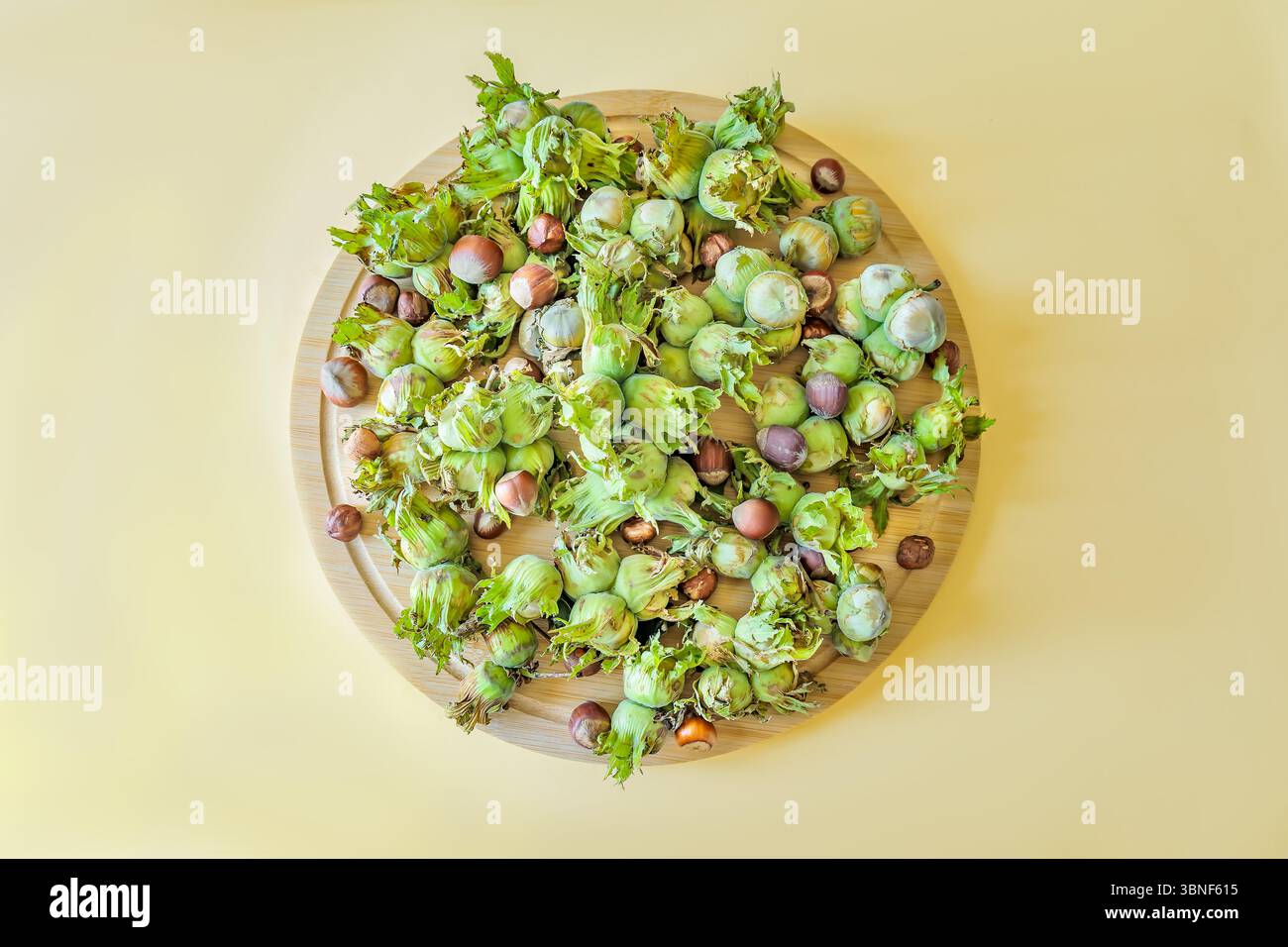 Fresh hazelnuts in green husks and brown shells spread on a round wooden tray. Shot from above with warm daylight, highlighting the texture and natura Stock Photo