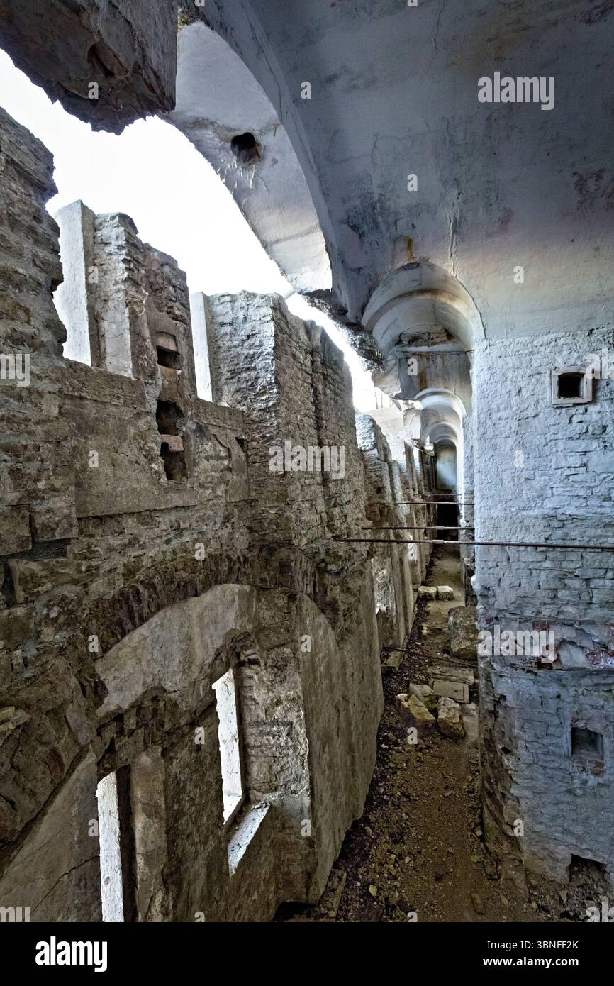 Fort Leone: interior of the fortress with the sloping entrance wall. Mount Cima Campo, Arsiè, Belluno, Veneto, Italy. Stock Photo