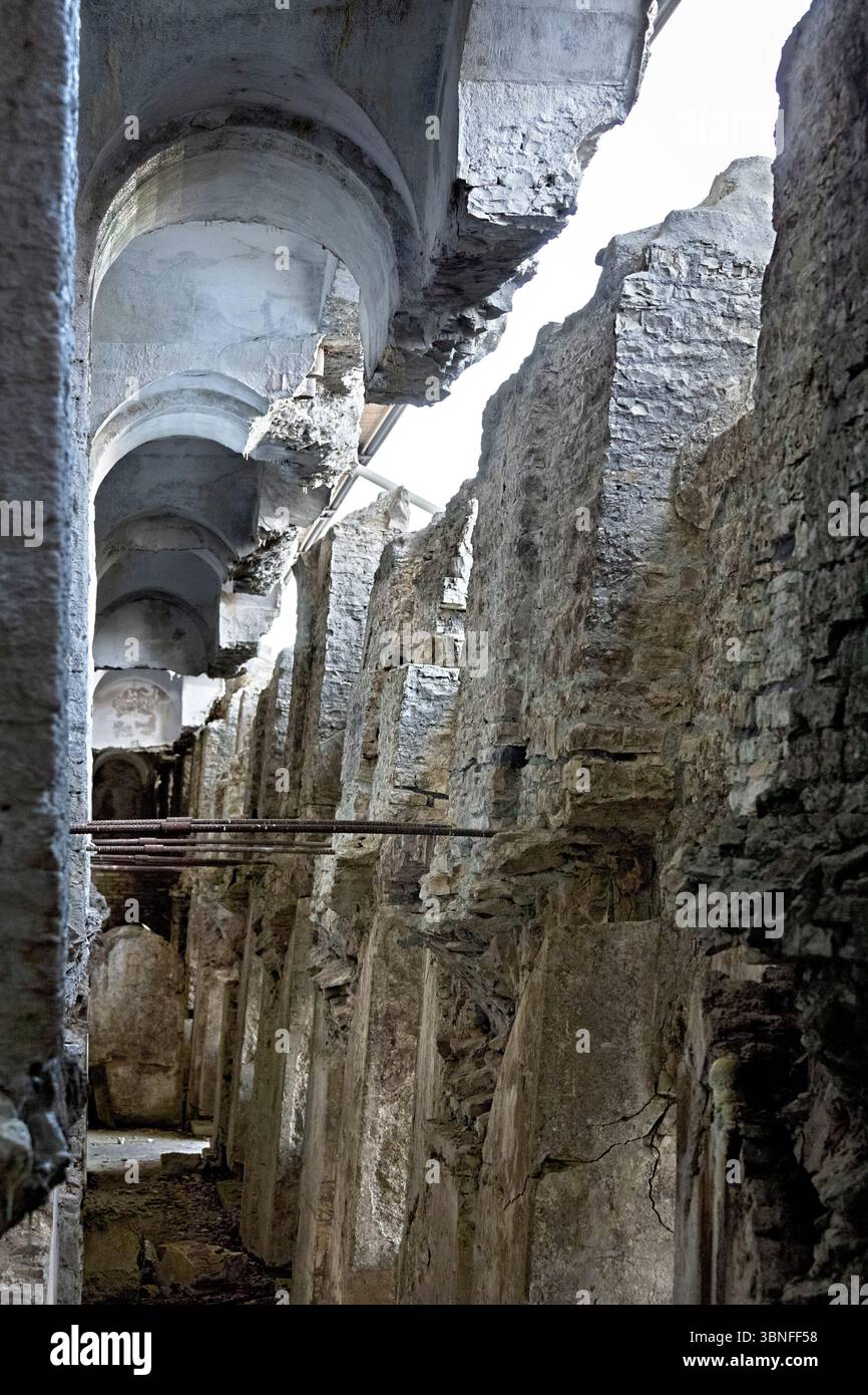 Fort Leone: interior of the fortress with the sloping entrance wall. Mount Cima Campo, Arsiè, Belluno, Veneto, Italy. Stock Photo