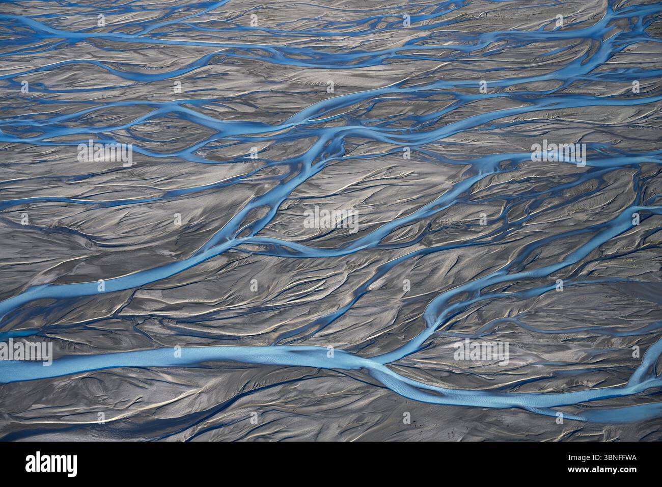 Tasman River braids on the South Island of New Zealand. Stock Photo