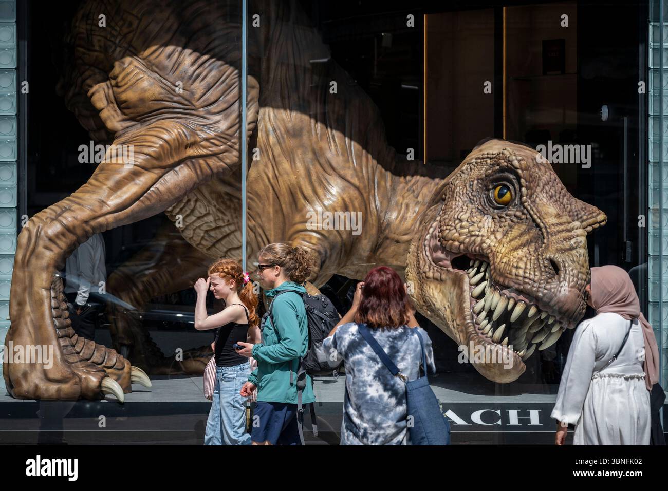 Rex Store Images London, UK. 2 July 2025. People pass the T Rex dinosaur in the window ...