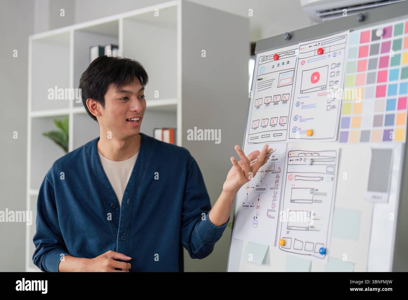 UI Concept Presentation. A designer explains wireframes and user interface prototypes to team members. Stock Photo