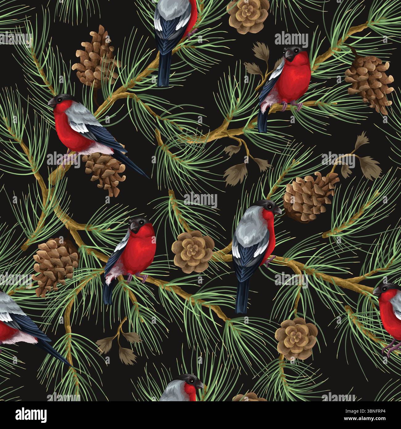 Vector seamless Christmas pattern with birds, bells and branches. Vector. Stock Vector