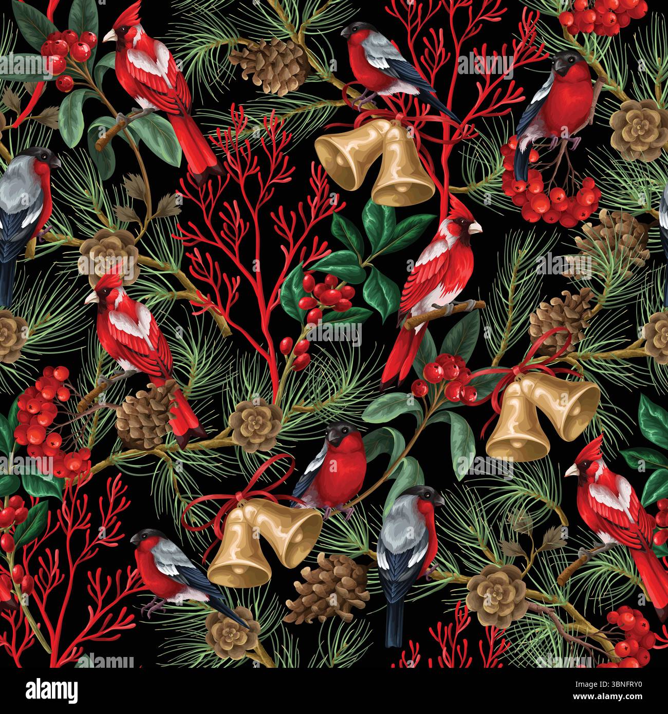Vector seamless Christmas pattern with birds, bells and branches. Vector. Stock Vector
