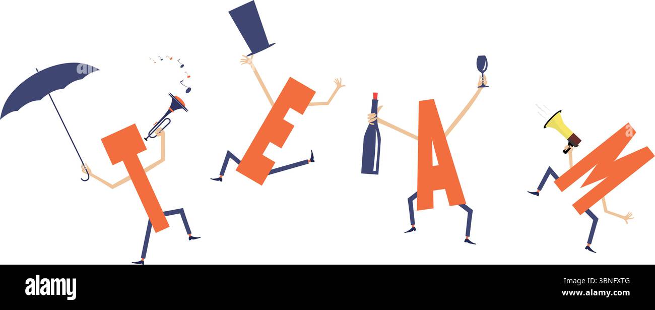 Funny concept inscription team. Letters T, E, A, M with megaphone, bottle, glass, trumpet, umbrella, top hat. Isolated on white background Stock Vector