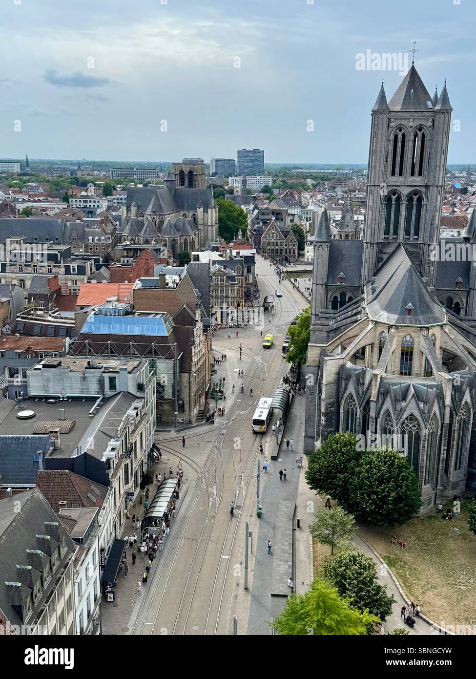 Panoramic view of St. Nicholas’ Church (Sint‑Niklaaskerk) and Ghent cityscape from inside the Belfry of Ghent (Het Belfort van Gent), Belgium. - Smartphone Captured Stock Image