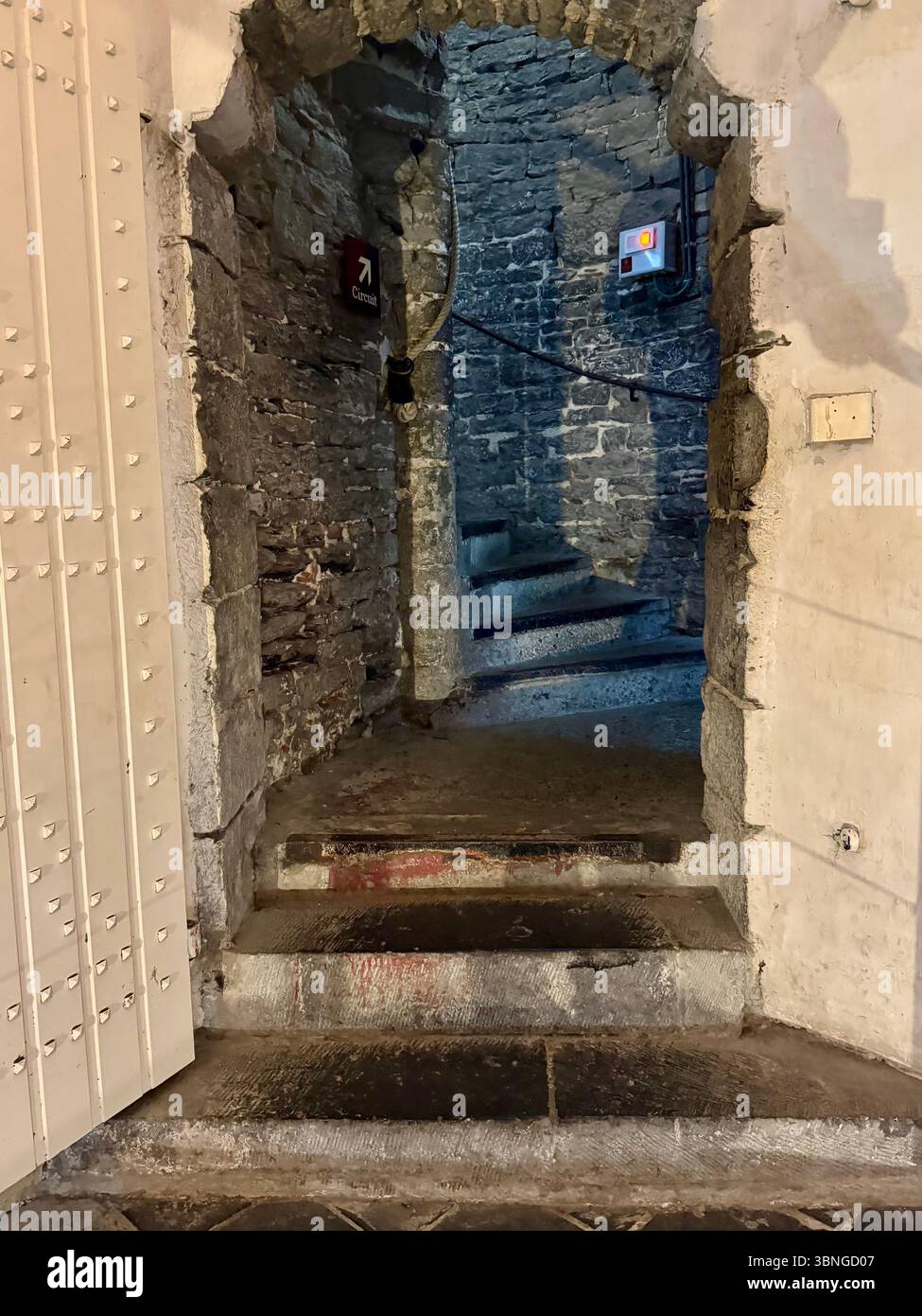 Stone-arched doorway leading into the inner stairwell of the Belfry of Ghent (Het Belfort van Gent) museum, Belgium. - Smartphone Captured Stock Image