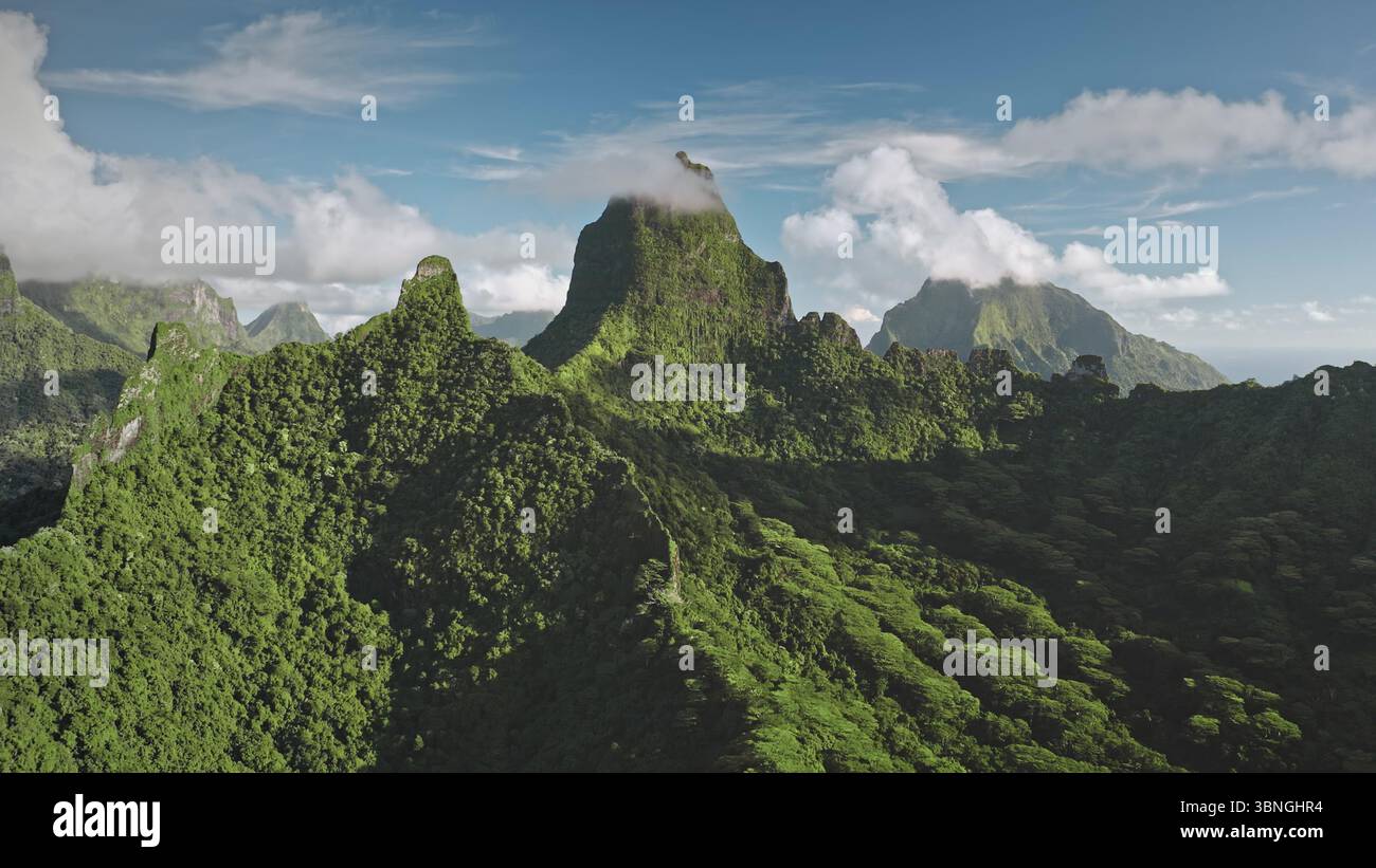 Stunning aerial perspective green tropical peaks jungle forest terrain ...