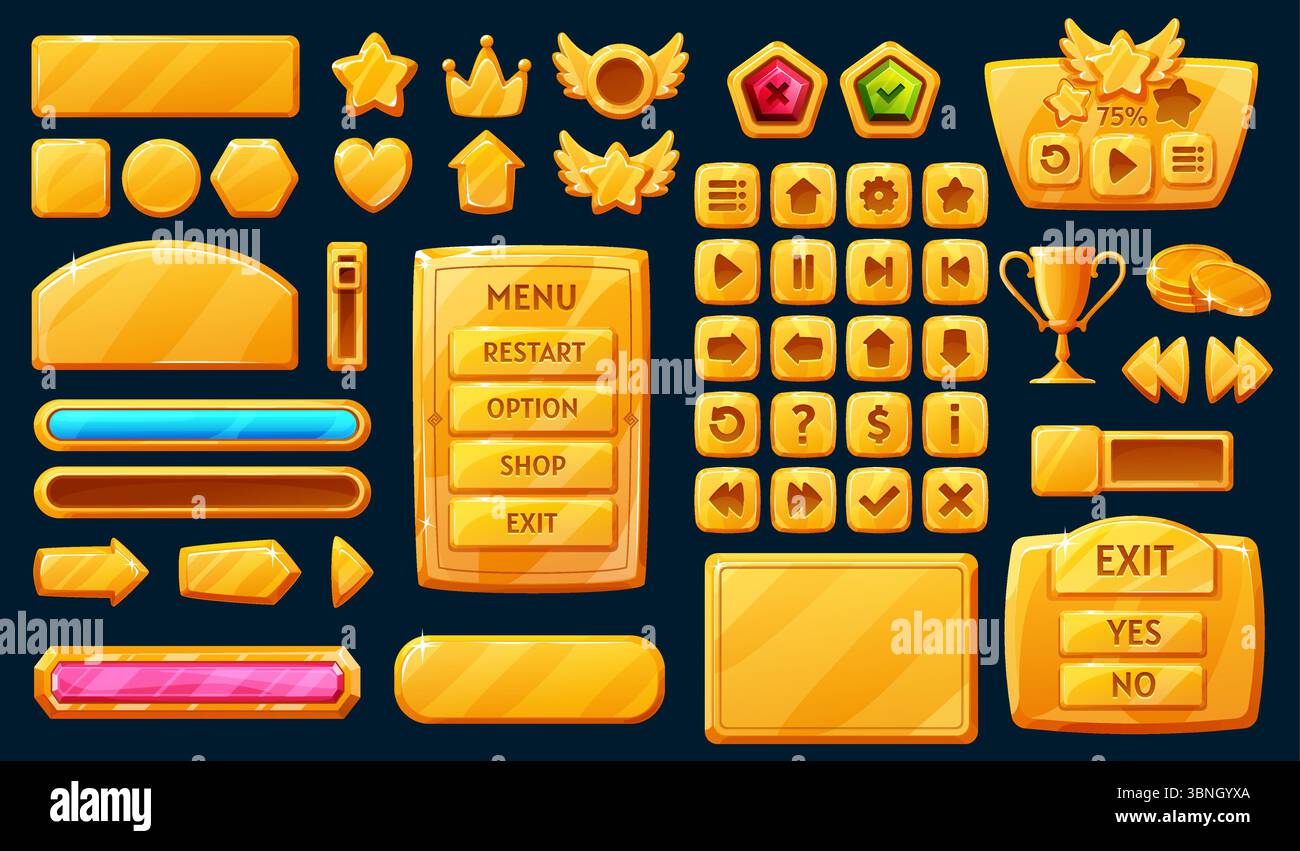 Golden interface game buttons, ui, gui elements. Vector set pop-up ...