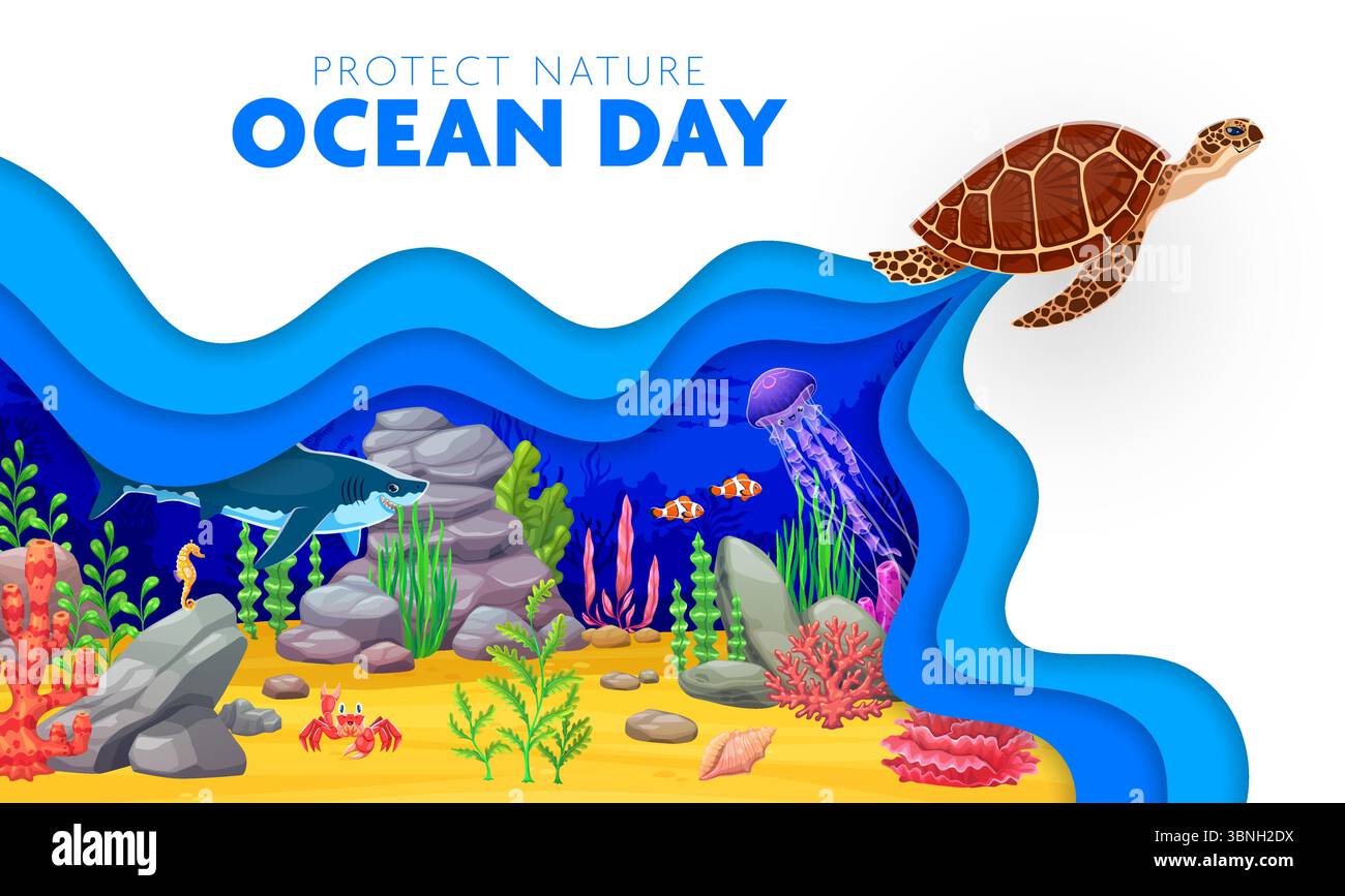 Paper cut oceans day banner with sea turtle and underwater landscape ...