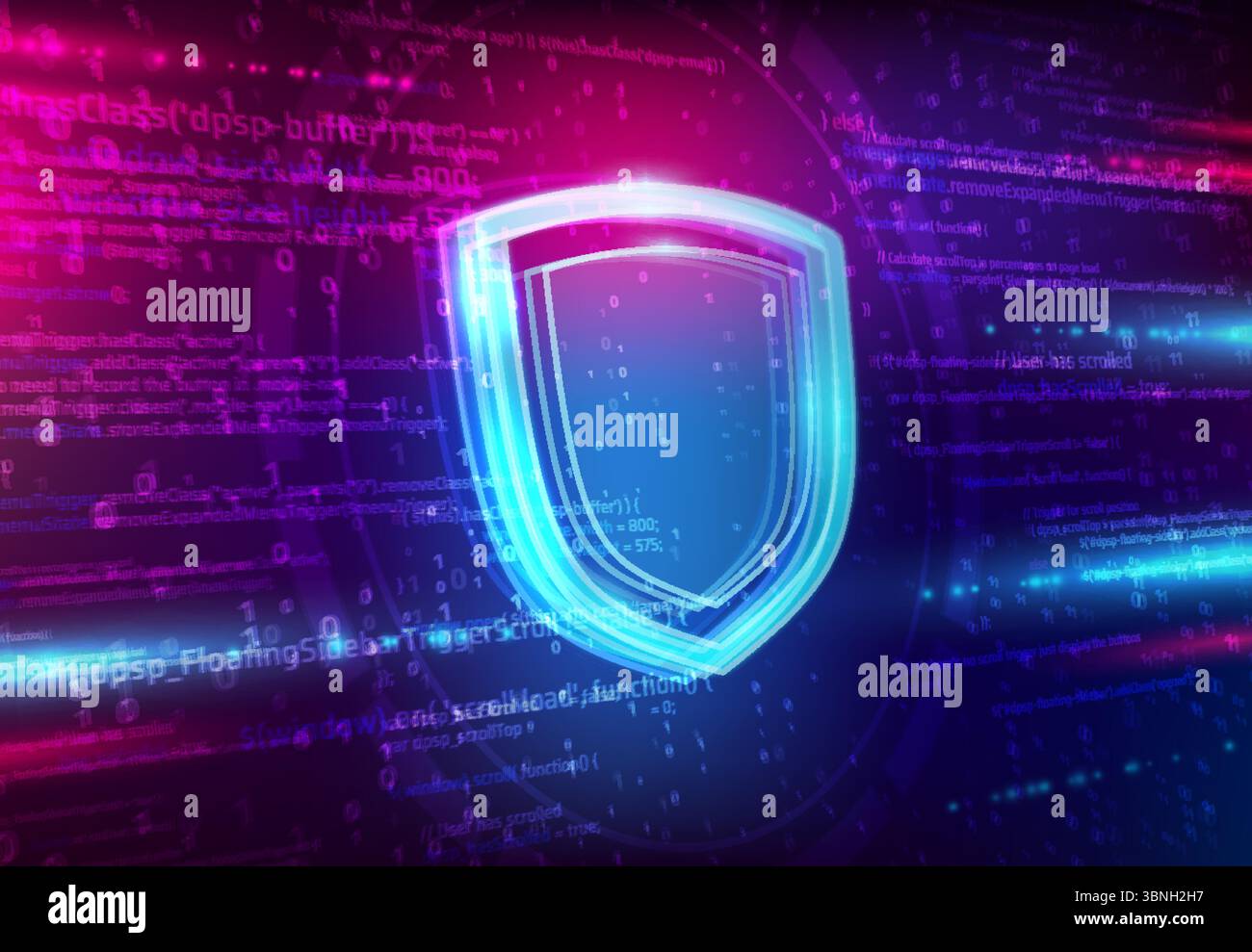 Cyber security technology. Cloud storage and big data protection vector background with shield or protective screen, programmer and binary code. Firewall, internet antivirus defense, account privacy Stock Vector