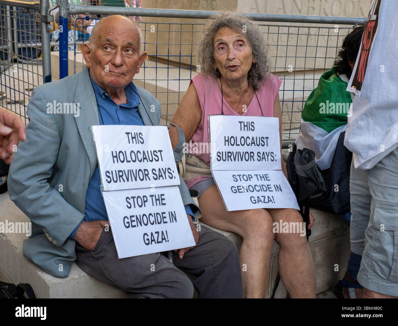 London, Westminster, 2 July 2025. While MP's vote overwhelmingly to proscribe Palestine Action and risk criminalising legitimate protest, holocaust survivor, Stephen Kapos, joins around 1,000 people gathered at Downing Street to express their anger at the ban. Credit: Leo Bild/Alamy Live News Stock Photo