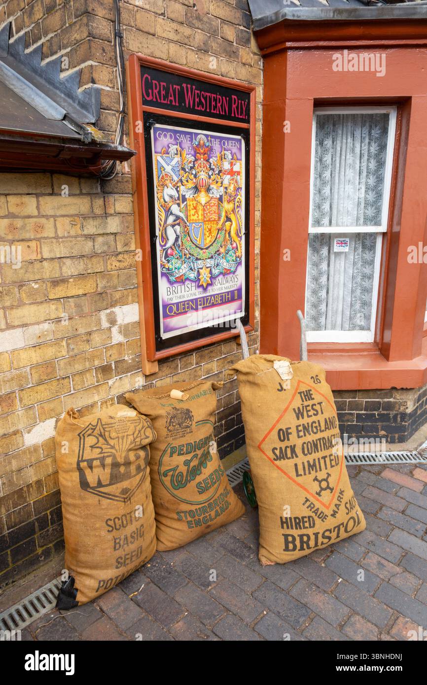 Seed sacks on the platform of Arley railway station, Worcestershire, UK Stock Photo