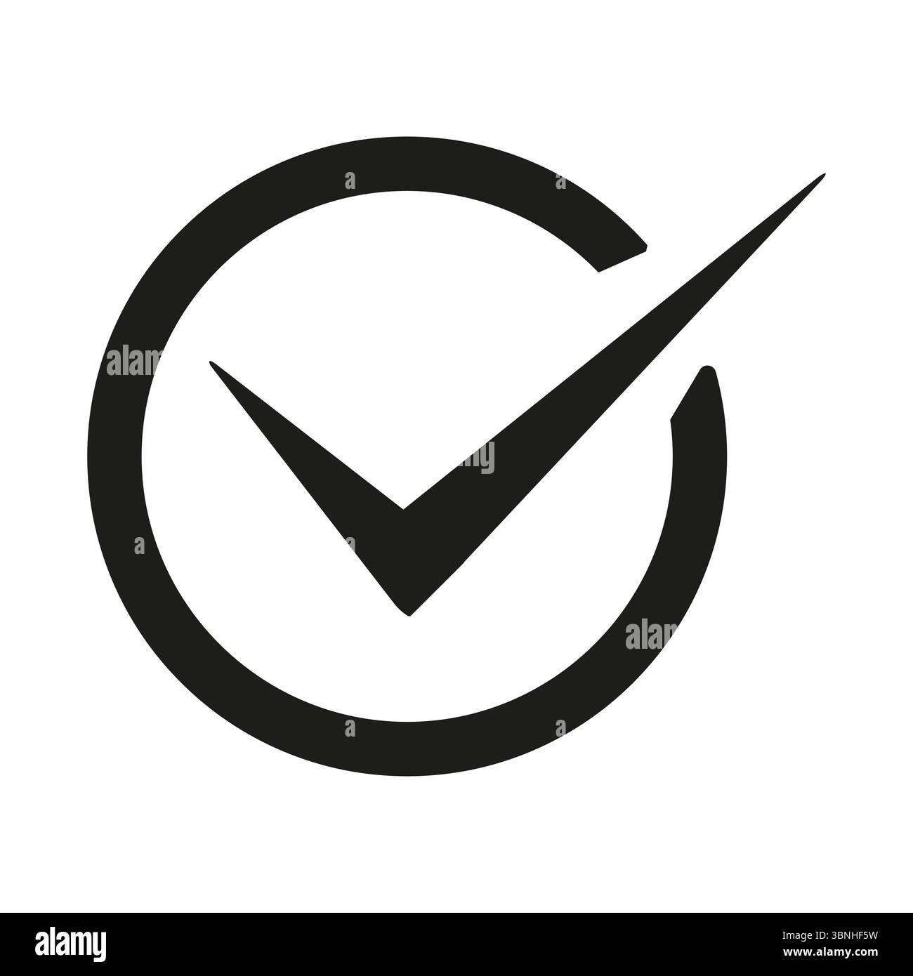 Thin check icon. Circular approval symbol. Vector minimalist figure. Black simple background. Stock Vector