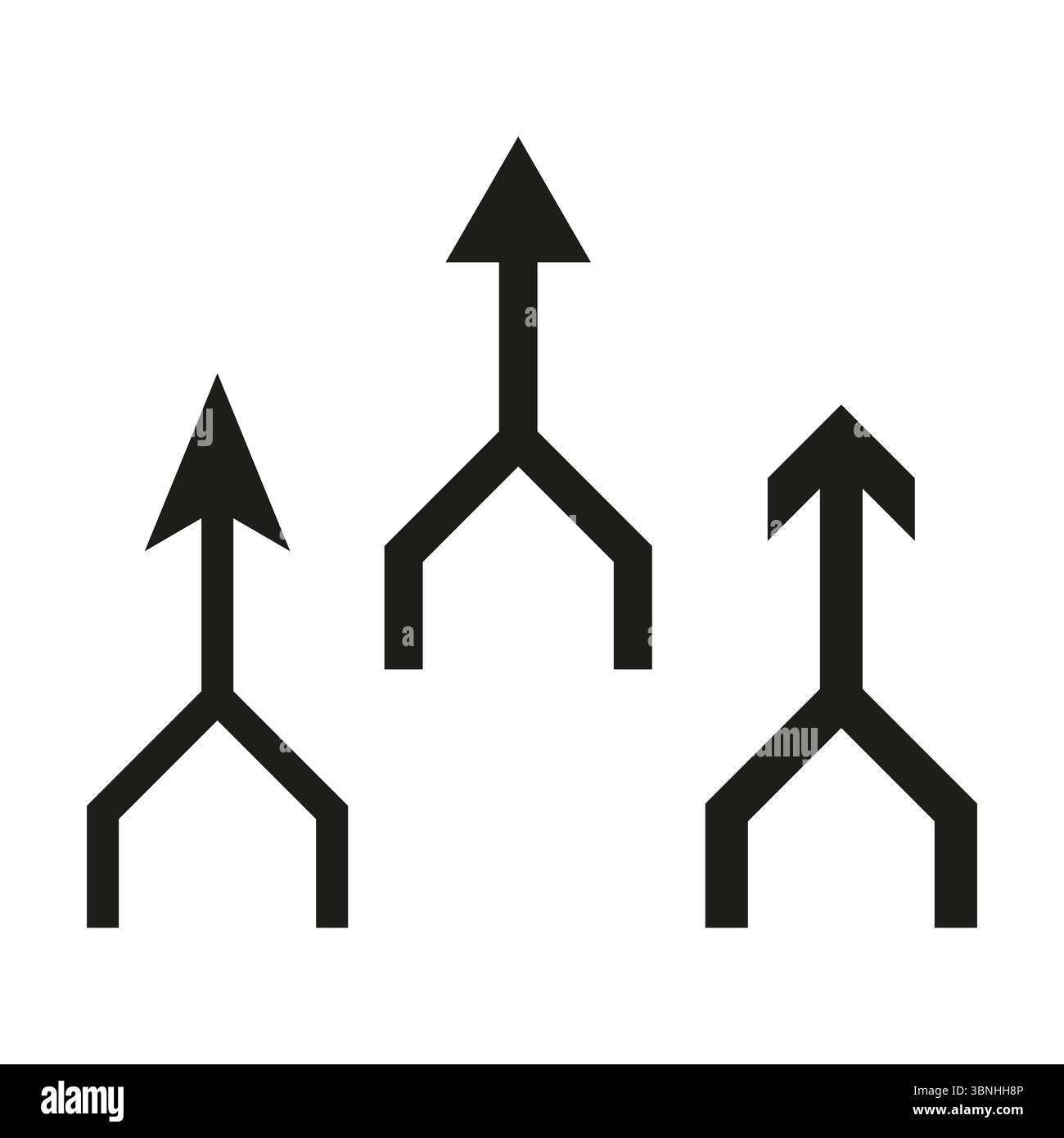 Triple upward arrows. Branch junction icon. Directional path Vector. On white background. Stock Vector