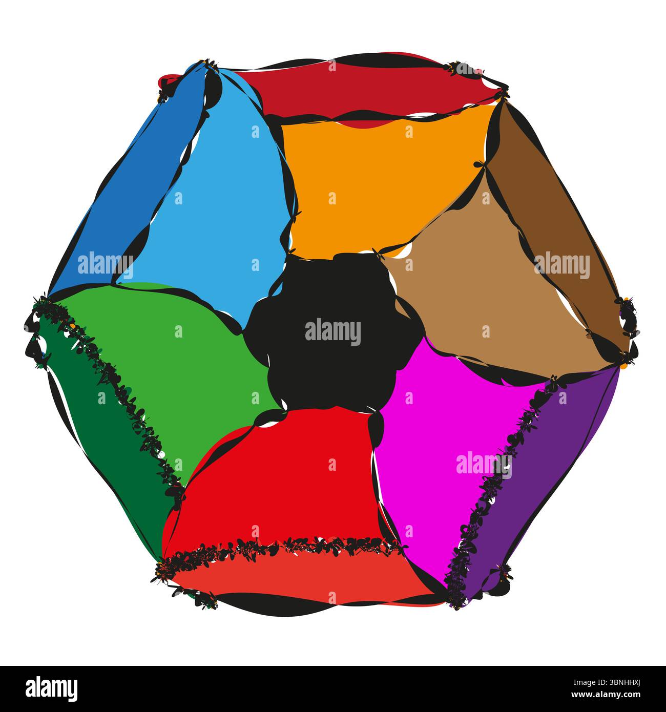 Multicoloured faceted polyhedron. Angularly patchwork surfaces. Geometric polygonal Vector. Vibrant conceptual sculpture. Stock Vector