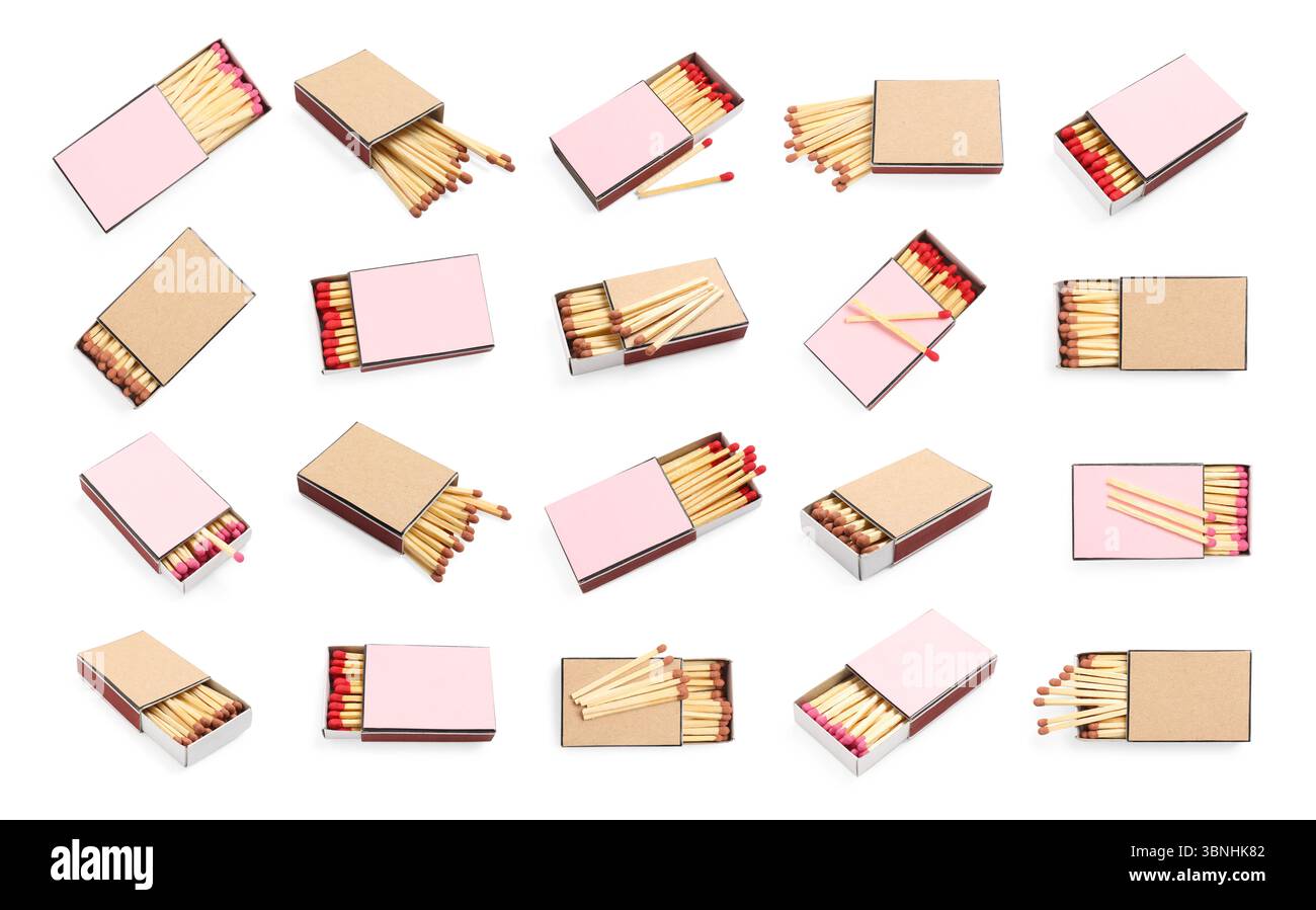 Cardboard boxes with matches on white background, set Stock Photo