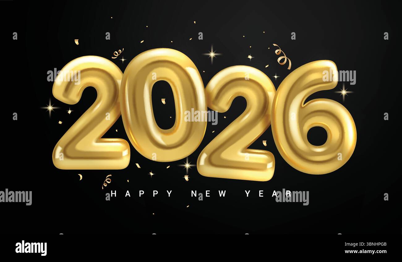 2026 gold numbers clipart design. Happy new year greeting text with ...