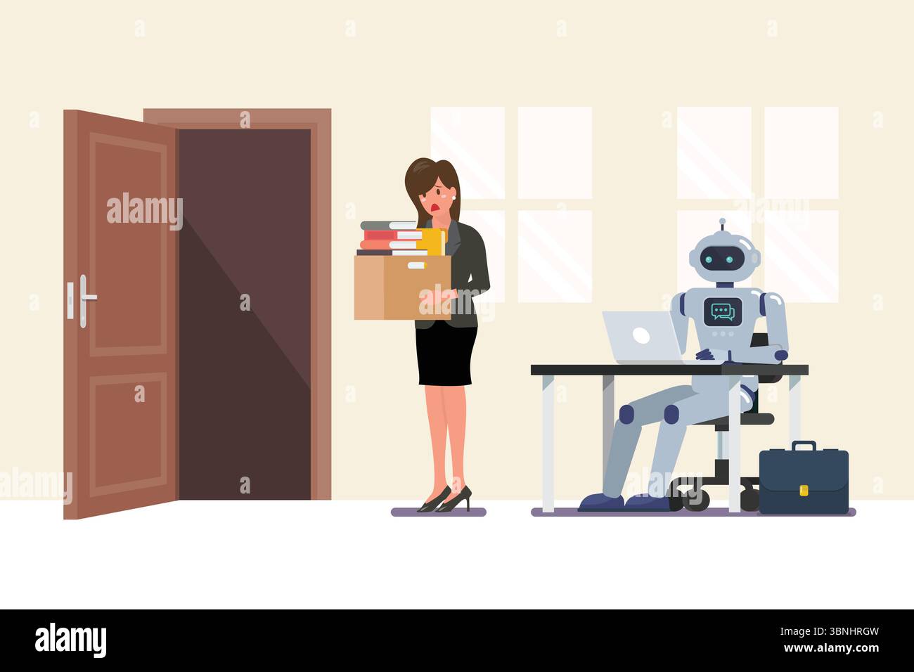 Artificial intelligence has replaced woman officer. The robot is in the workplace and people is fired. Vector illustration Stock Vector