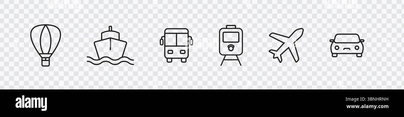'Transport Icons Collection - Hot Air Balloon, Ship, Bus, Train, Airplane, and Car' Stock Vector